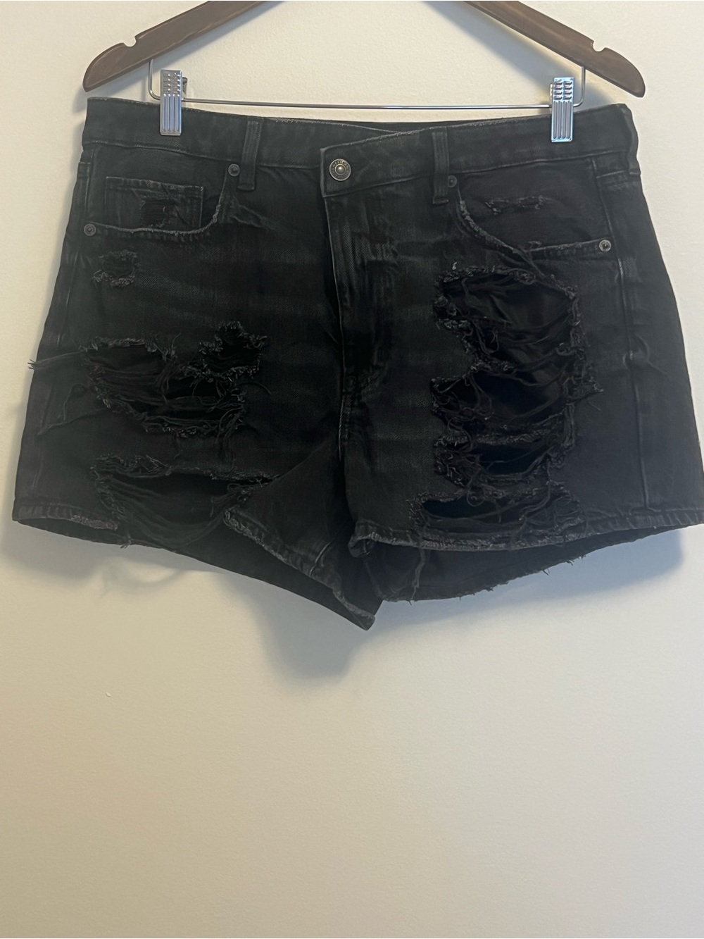 American Eagle Outfitters Black Distressed High-Rise Denim Shorts